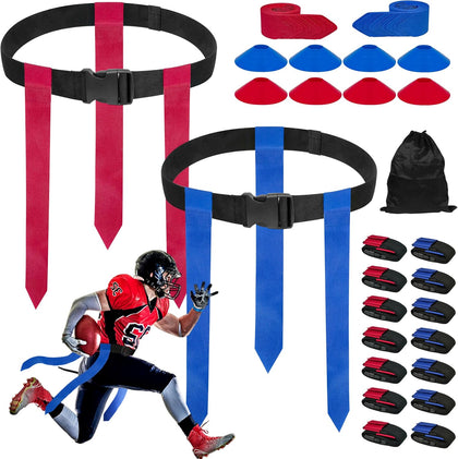 Flag Football Belts, 14 Player Adjustable Flag Football Set with 42 Flags, 8 Practice Cones and Bag