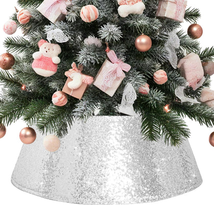 Silver Sequin Christmas Tree Collar 23 Inch | 16 Inch top opening and tapered ring conceal stands and cords with hook