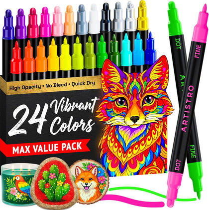 24 Precision Dual-Tip Acrylic Paint Markers – Paint Pens Set with Dot & Fine Tips for Fabric, Rock, Glass, Wood