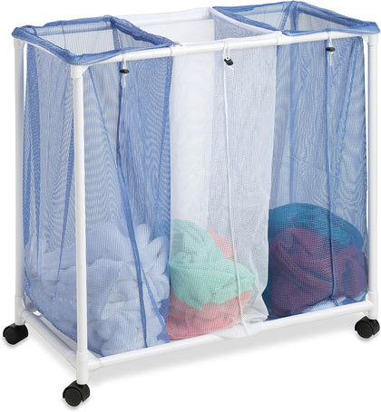 HMP-01629 3 bag mesh laundry sorter, 30.5" x 15.3" x 30" , Blue/White