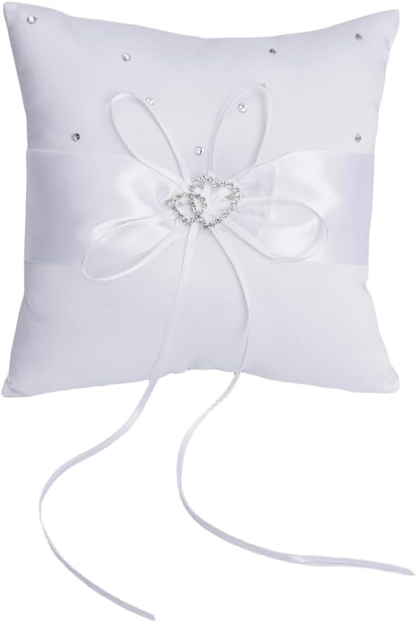 Wedding Ring Pillow and Flower Girl Basket Set – Adorned with Pearl Rhinestones, White Satin,White