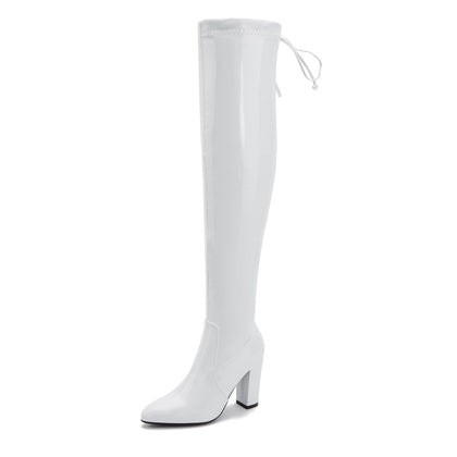 Women's Thigh High Boots Over The Knee Boot Sexy Pointed Toe Chunky Heels Boots Zipper Lace Up Long Boots