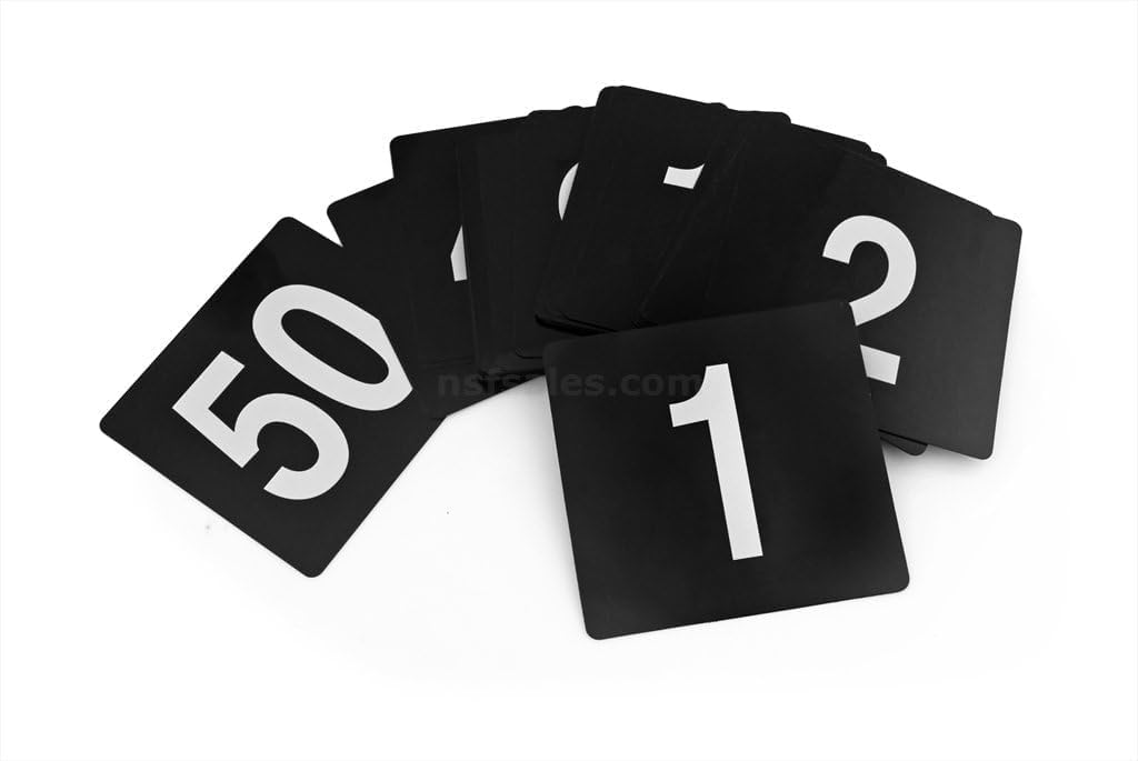 23206 Plastic Double Sided Table Numbers, 1-50, 4-Inch by 4-Inch, Light Grey on Black