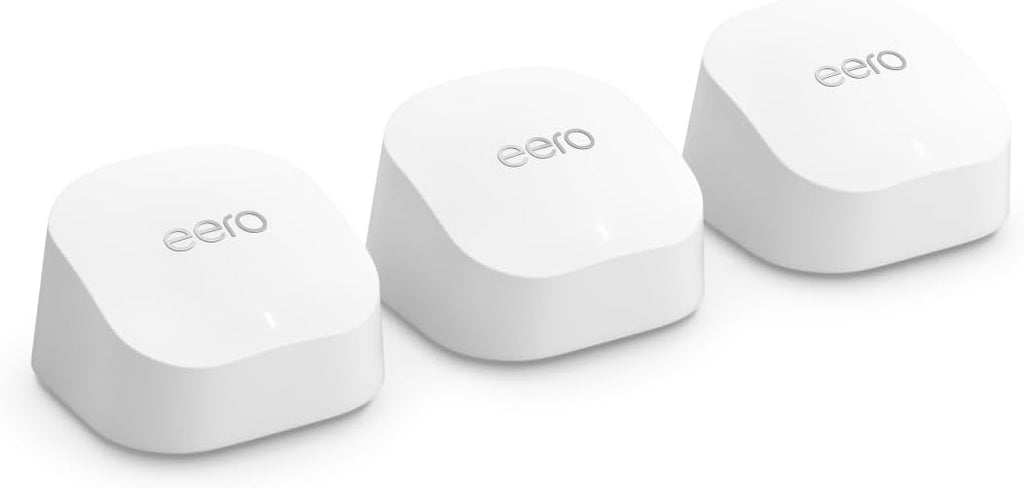 Amazon eero 6+ mesh wifi system - Supports internet plans up to a Gigabit, Coverage up to 4,500 sq. ft., Connect 75+
