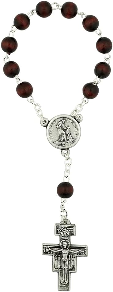 One Decade Rosary with Mahogany Stain Beads | San Damiano Crucifix and Saint Francis Medal | Great Catholic Gift for