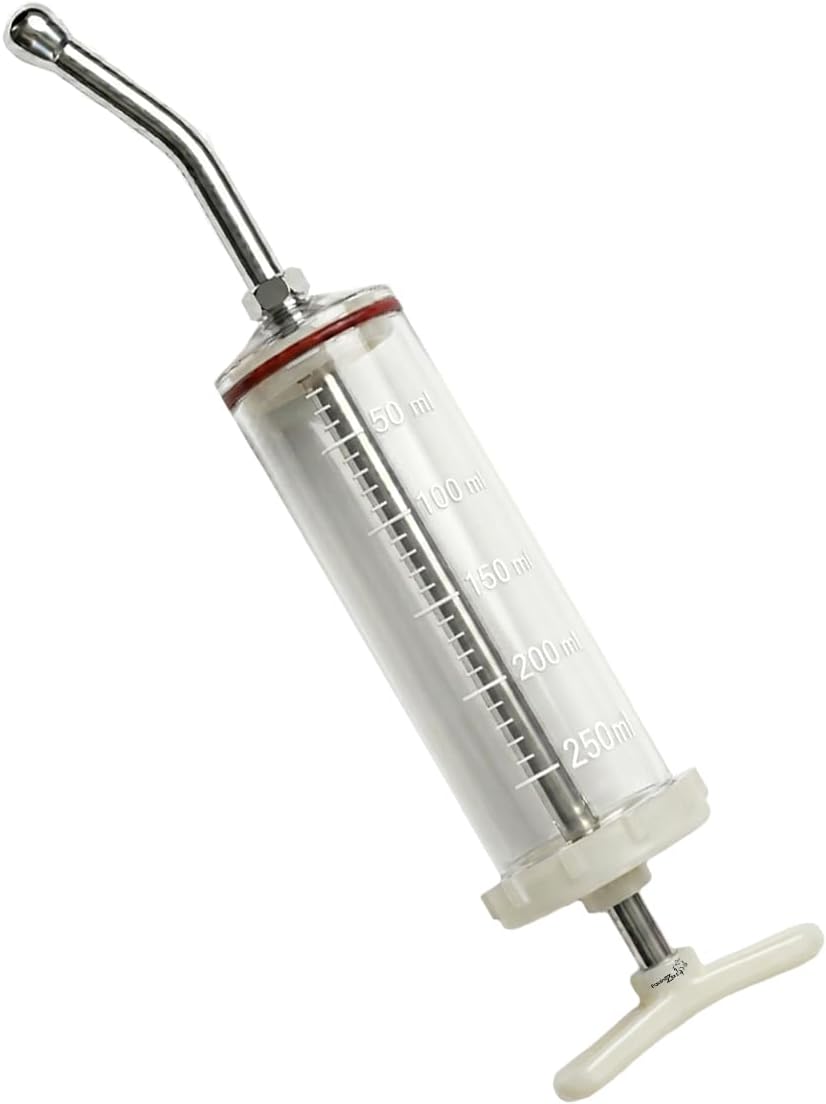 250mL Plastic Dose Syringe with Stainless Steel Nozzle – Large Capacity Equine Drenching Syringe for Horses