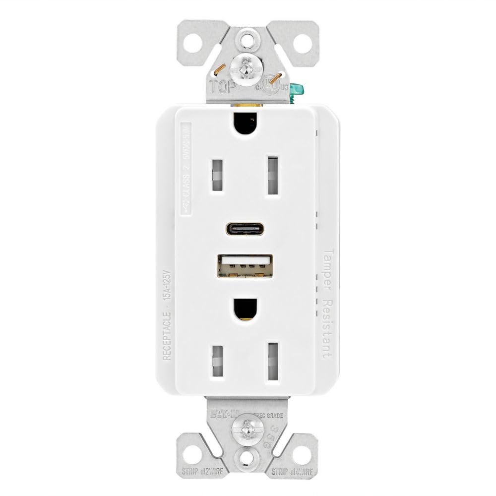 Eaton Combination USB Type A and C Charger, 15A 5-15R Receptacle, White, USB, Two-Pole, Three-Wire, Tamper Resistant