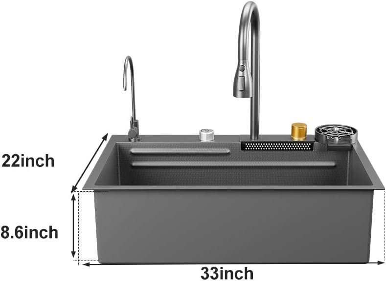 33” x 22” Workstation Kitchen Sink Black Stainless Steel Drop-In Sink with Honeycomb Embossing Glass Single Bowl with