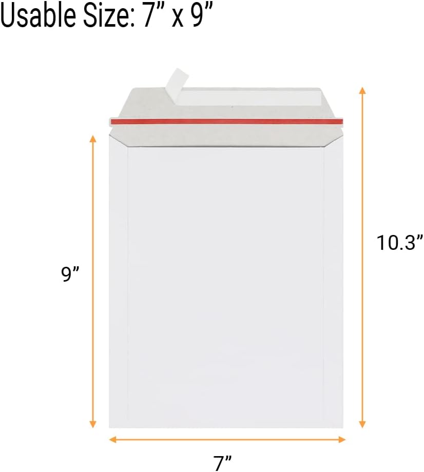 100 Pack 7x9 inch Rigid Mailer Self Seal Photo Document Mailers, Stay Flat White Cardboard Shipping Envelopes White