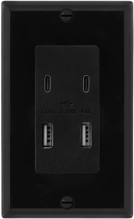 Maxxima USB Receptacle Outlet, 4.8A USB C/A USB Charging Ports, Black
