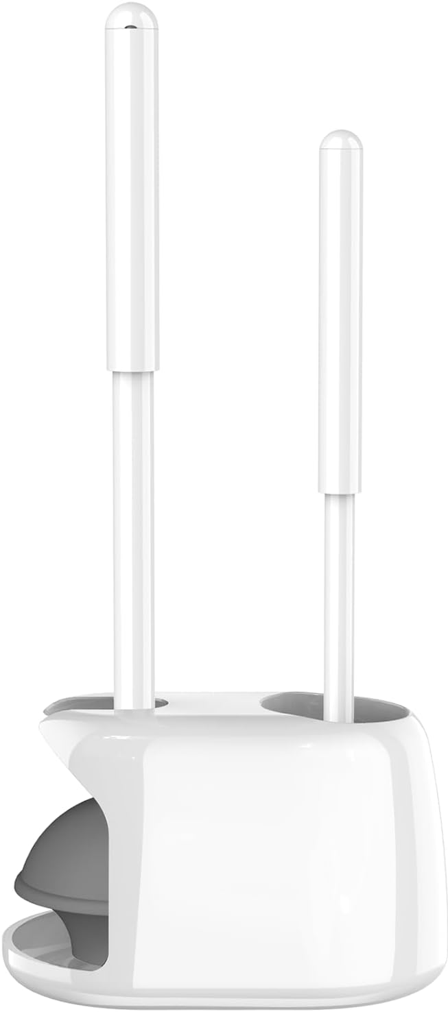 Toilet Brush and Plunger Set, Semi-Hidden Toilet Plungers, White | Heavy Duty Toilet Bowl Brush and Holder for