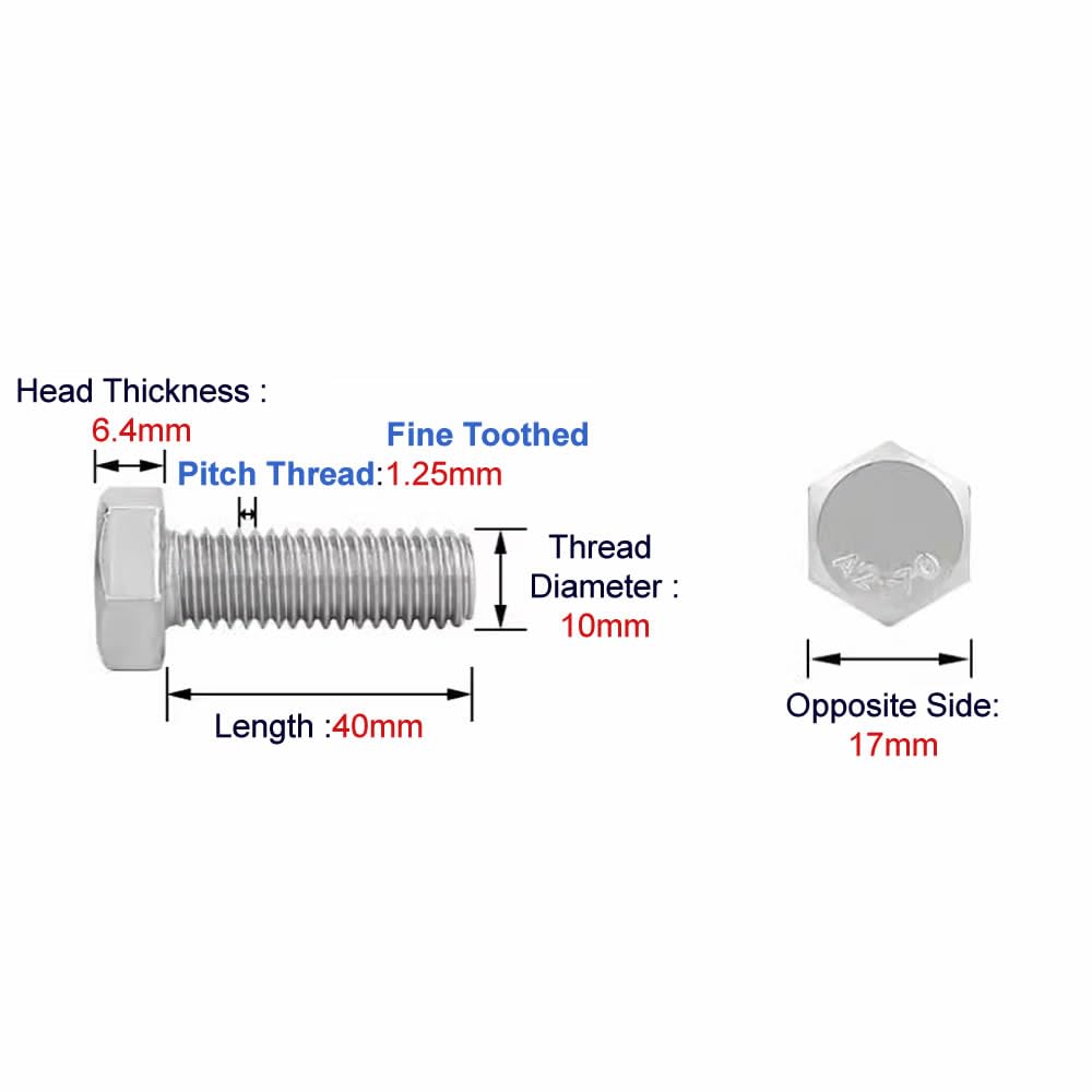 Junter 4pcs M10-1.25 x 40mm Fine Thread Metric A2-70 Hexagon Head Screws