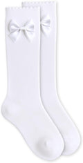 Girls' Satin Bow Scallop Lace Trim Cotton Knee High Socks 1 Pair Pack