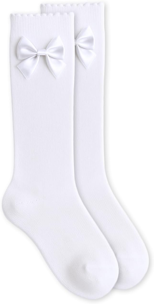 Girls' Satin Bow Scallop Lace Trim Cotton Knee High Socks 1 Pair Pack