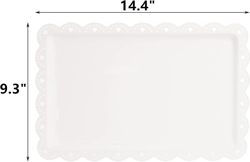 12 Pack White Plastic Serving Tray with Lace Rim, Rectangle Food Trays, Disposable Serving Platters and Trays for