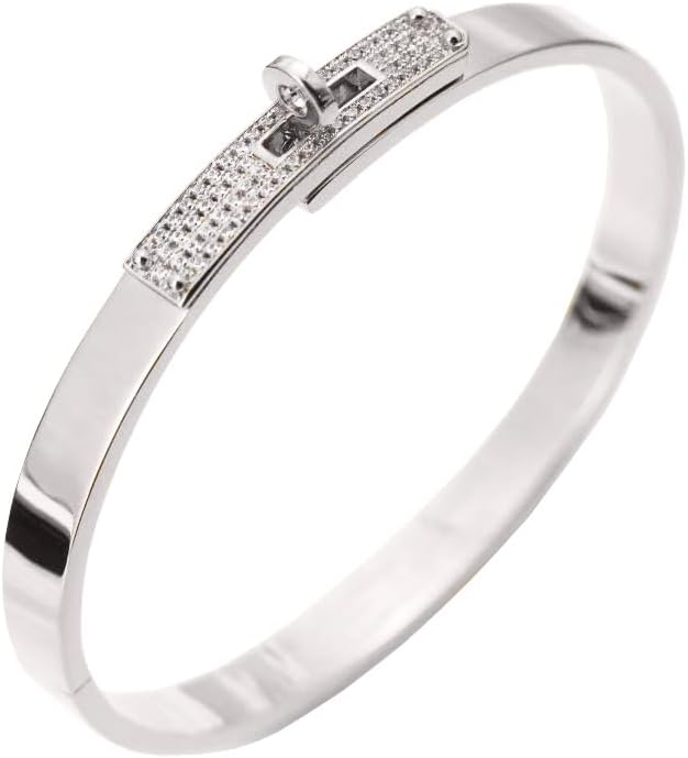 18K Gold Plated Turn Lock Bracelet with Cubic Zirconia，Classical Fashion Stainless Steel Bangle Bracelet for Men and