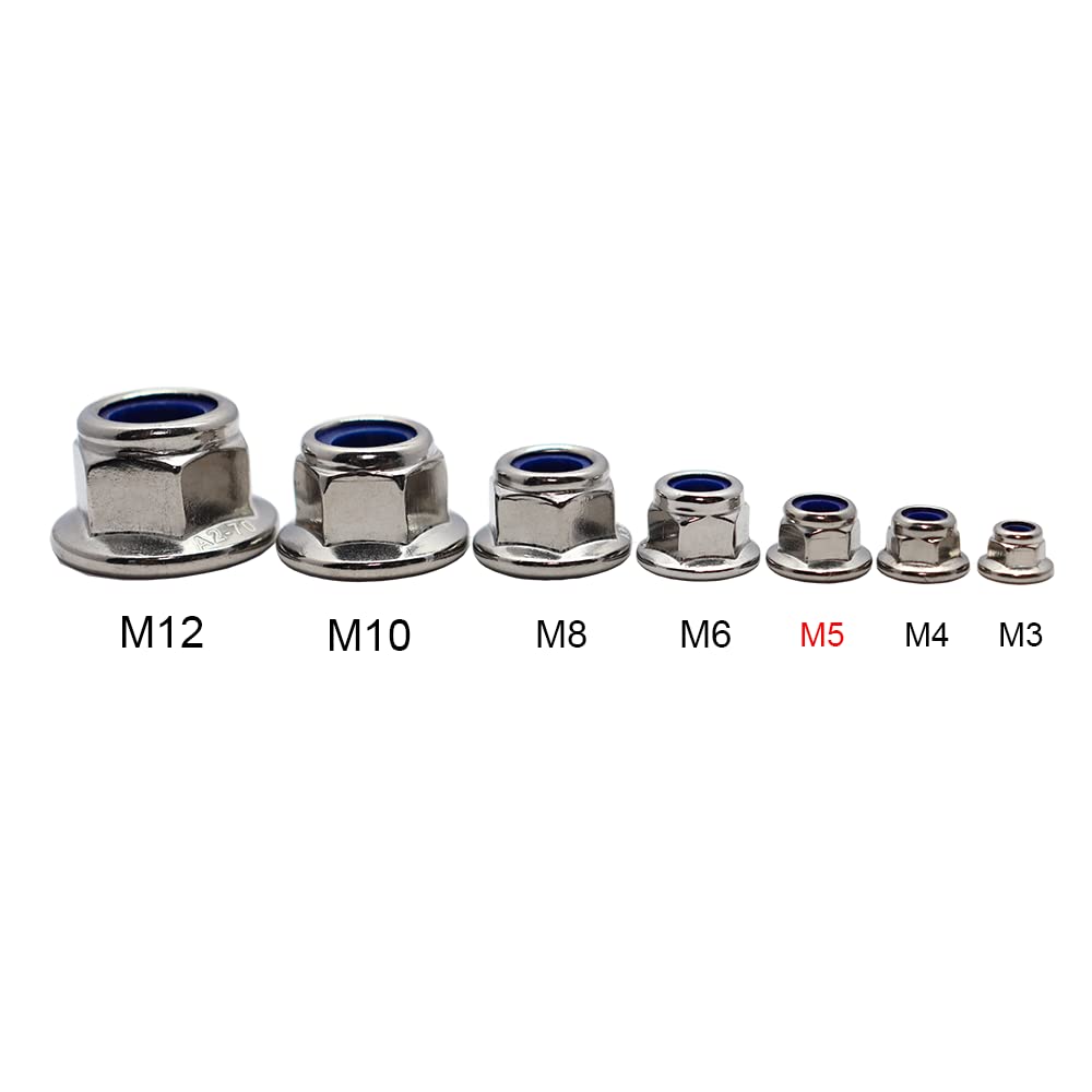 M5x0.8mm Nylon Flange Nut 50 Pack 304 SS hex Nylon Insert Flange Lock Nut