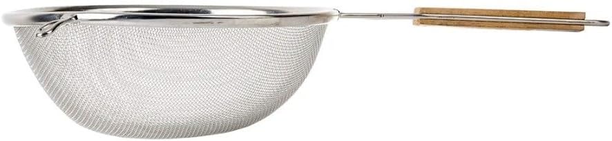 Soro Essentials- 8" Stainless Steel Single Coarse Mesh Strainer with Wooden Handle Pan Hook- Single Tinned Coarse Kitchen Food Strainer for Sift Drain Straining Liquids Stocks Sauces Soups Pasta