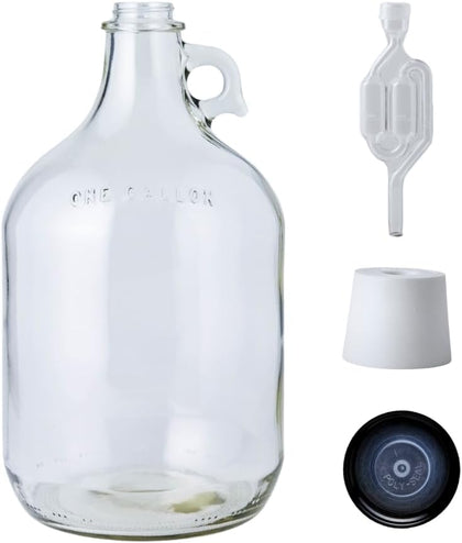 1 Gallon Glass Jug with Black Polyseal Caps, 6.5G Rubber Bungs & Twin Bubble Airlocks – Fermentation Jars for Home