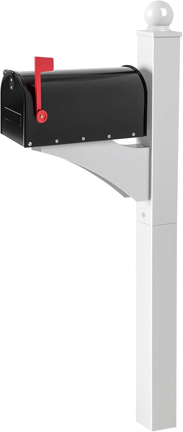 White,Black 1 Set Iron Mailbox Posts with Mailbox for Outside Ground Mounting Post 56 Inch Tall Heavy Duty