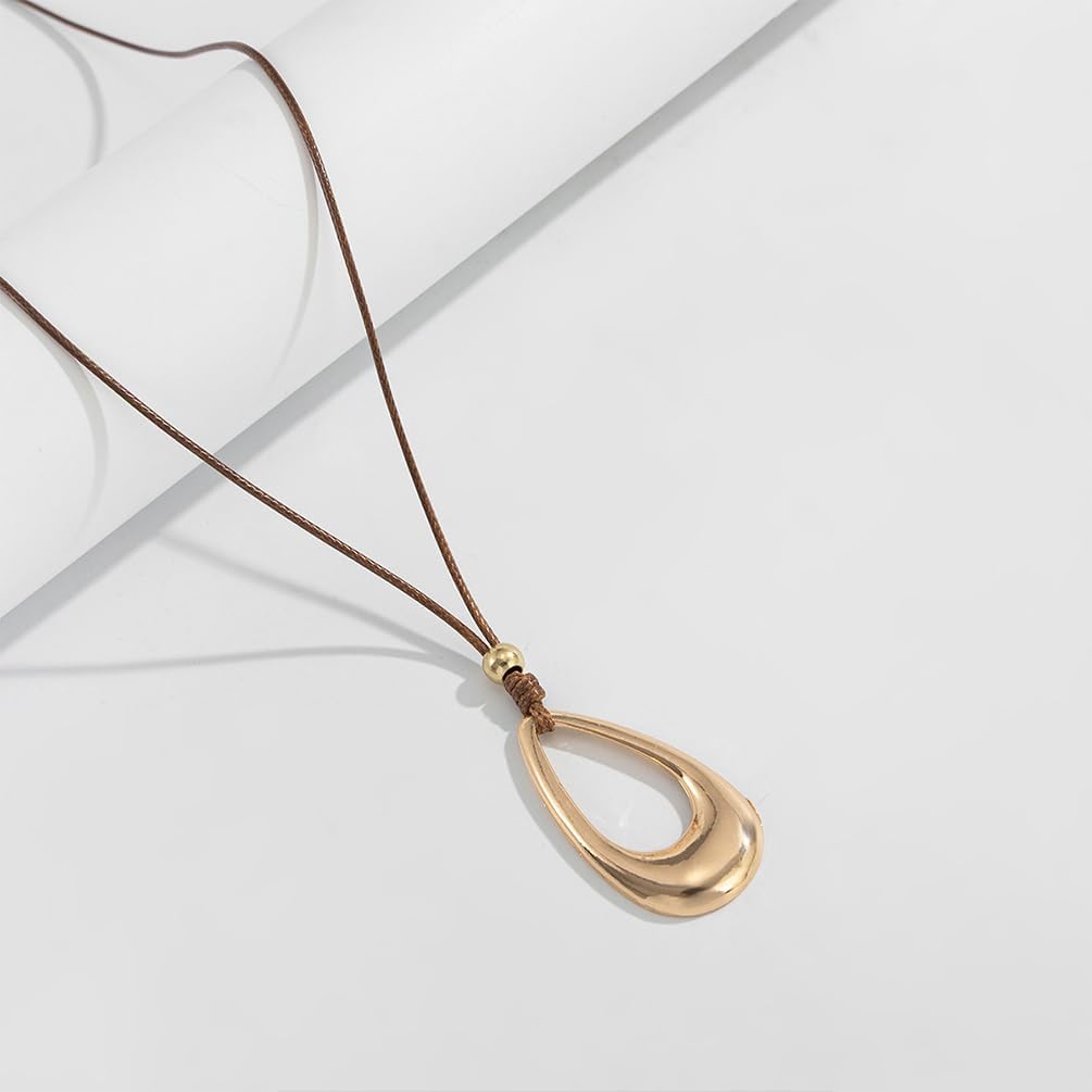 Large Gold Silver Hollow Teardrop Pendant Necklace, Boho Minimalist Brown Rope Waterdrop Necklaces for Women Trendy