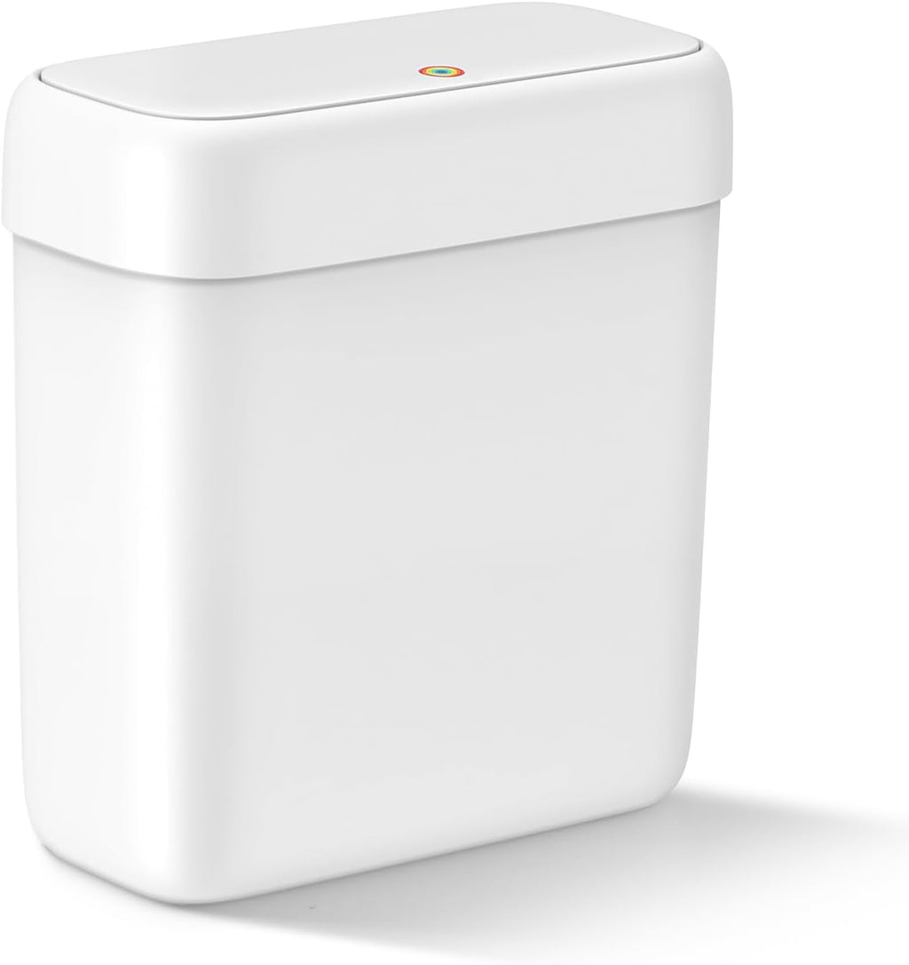 Small Bathroom Trash Can with Lid, 2.6 Gallons / 10 L Slim Plastic Garbage Bin with Pop-Up Lid, Mini Waste Basket Can