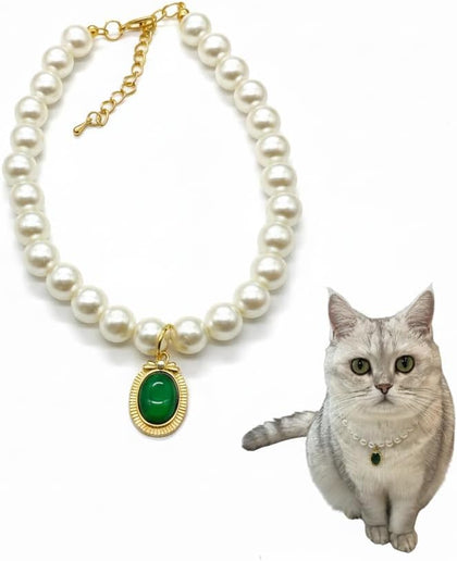 Elegant Pet Pearl Necklace with Green Jade Pendant, Adjustable White Pearl Collar for Cats and Small Dogs, Premium