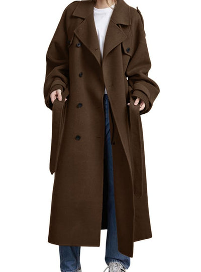 Women's Winter Double Breasted Wool Coat Long Sleeve Notch Lapel Midi Long Winter Trench Coat with Belt (Small, Brown)