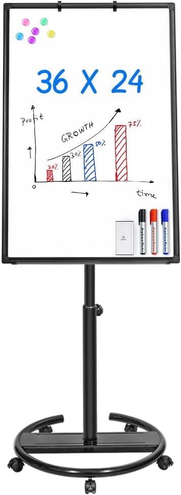 White Mobile Whiteboard 36 x 24 in, Magnetic Dry Erase Easel | Portable Easel Board With Stand, Flipchart Hooks