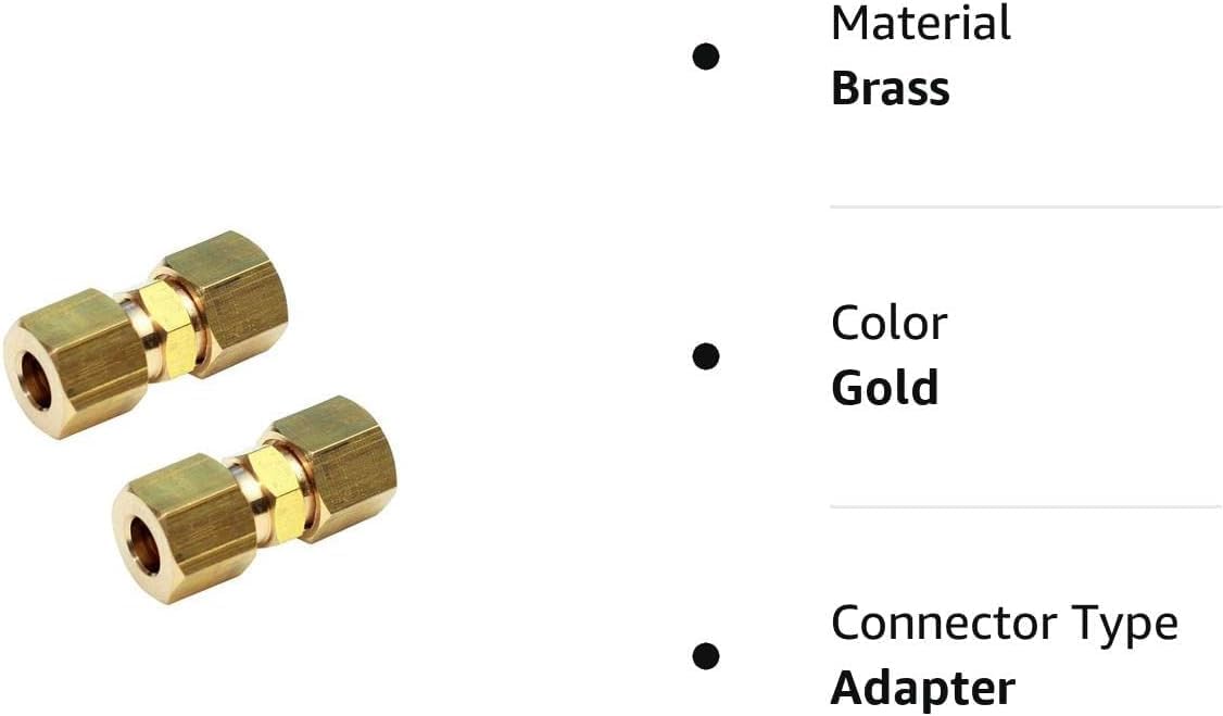 Ice Maker Water Line Brass Compression Tube Fitting, Union, 3/8” OD x 3/8” OD, 2 Pack