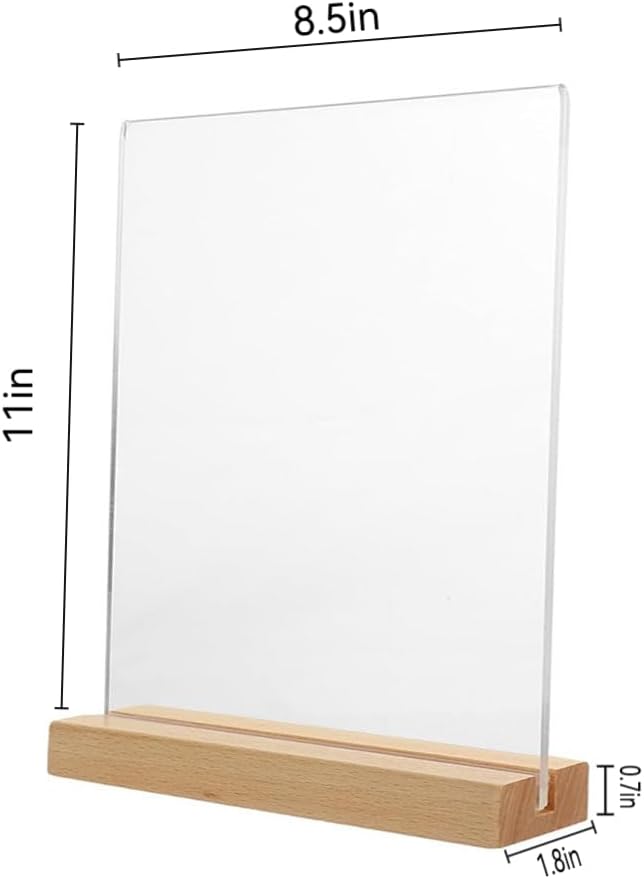 Acrylic Sign Holder 8.5x11 Inch with Solid Wood Base - Thick & Stable Clear Menu Stand for Restaurant, Table, Desk