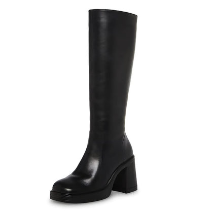 Black Leather Boots Platform Knee High Boots for Women Chunky Block Heeled Go-Go Boot Square Toe High Heel Tall Boot
