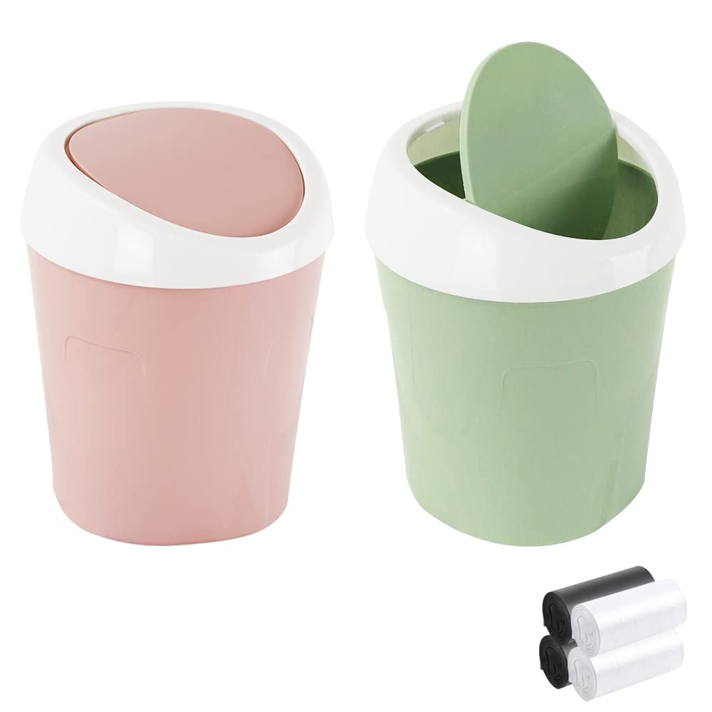 2 Pcs Plastic Mini Wastebasket Trash Can with 120 Trash Bags, Tiny Desktop Waste Garbage Bin with Swing Lid for Home
