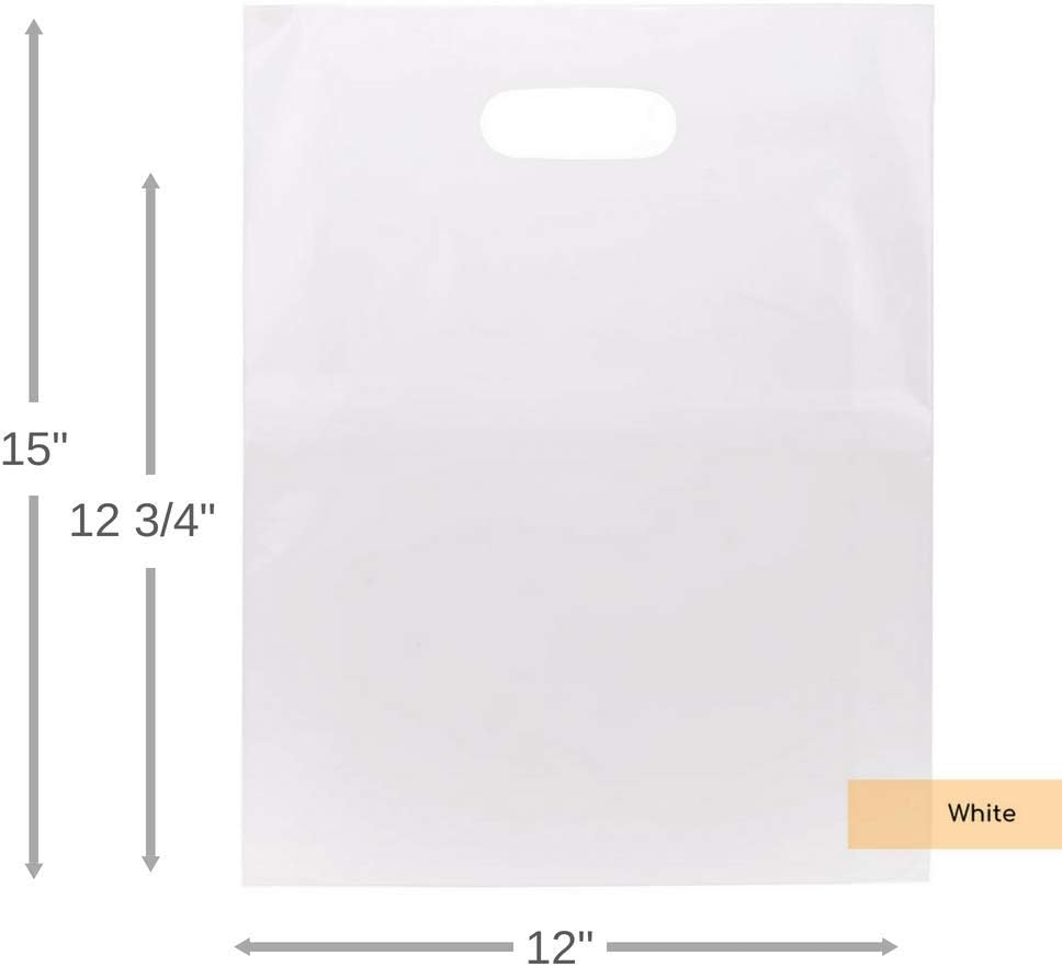100 White Handle Bags 12x15, Extra Thick 2.25 Mil Retail Plastic Shopping Merchandise Gift Bags Tear Resistant Strong