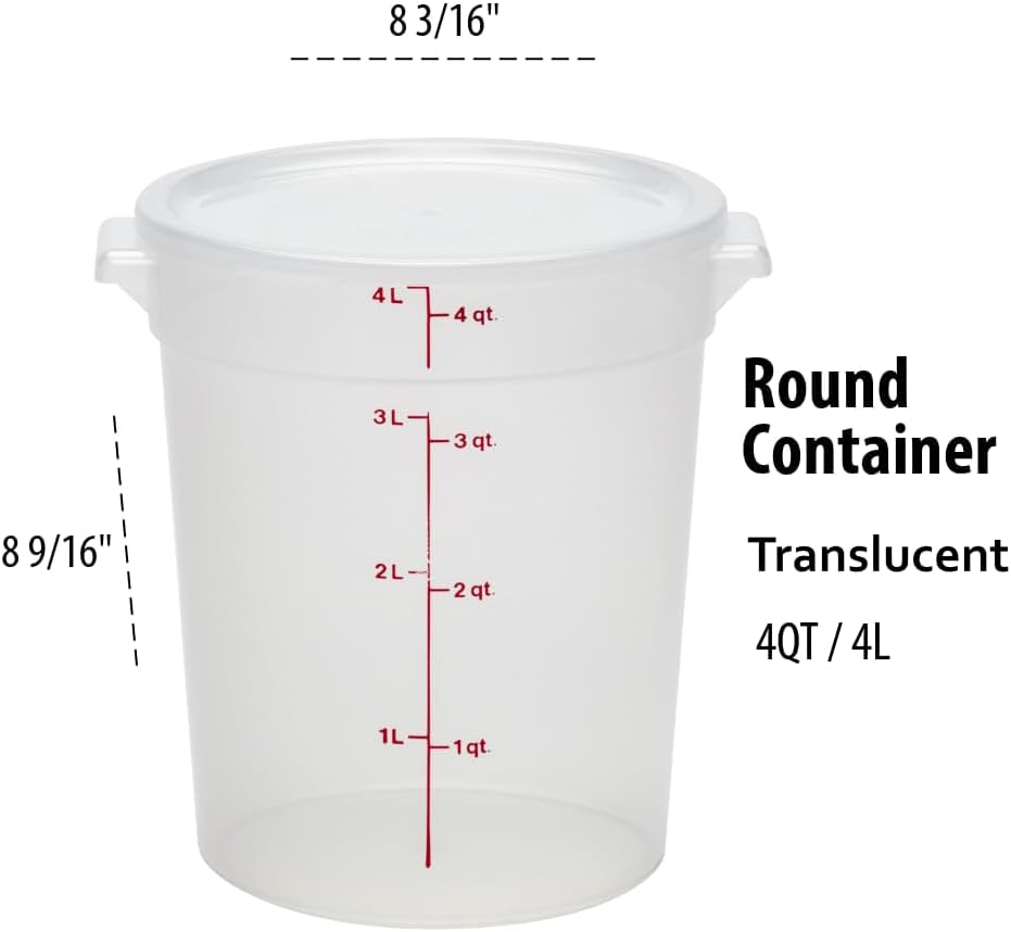 Cambro 4 Quart Round Food Storage Container, Translucent, with a Translucent Lid, 2-Pack, Bundle with a Measuring