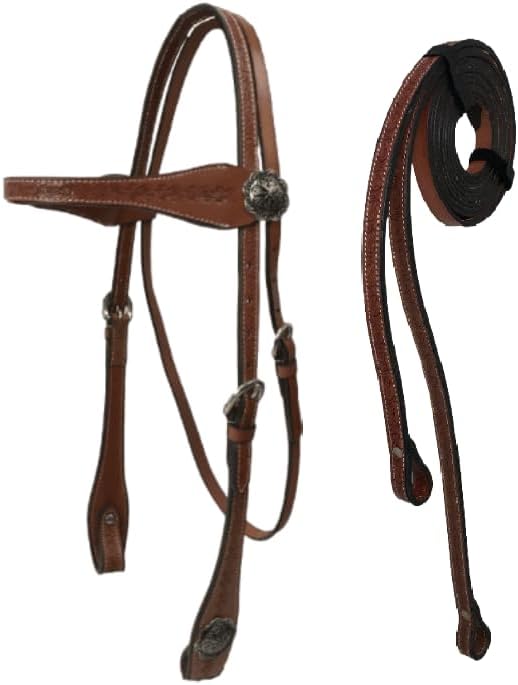 Hand-Tooled Barbwire Leather Western Browband Horse Headstall with Matching Split Reins