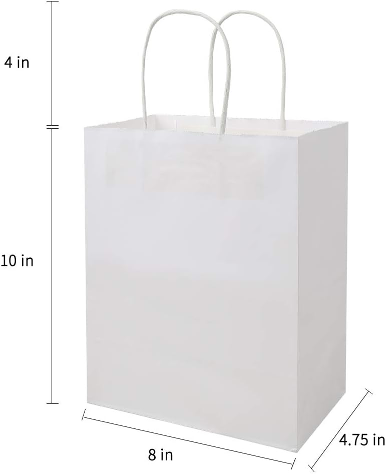 100 Pack Sturdy Medium White Kraft Paper Bags with Handles Bulk, Thicken Gift Bags 8x4.75x10 Inch, Craft Grocery
