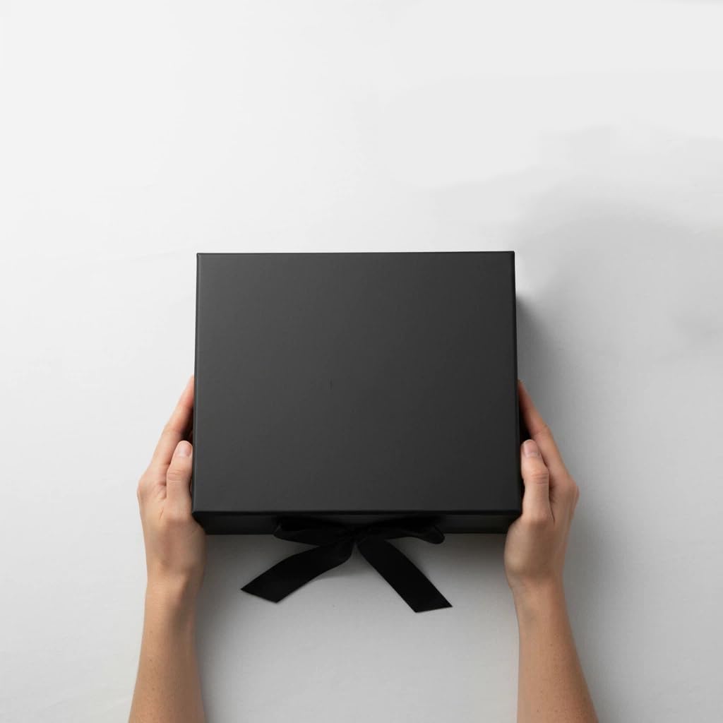 Black Gift Box with Ribbon 10.2x9x3.74 in, Foldable Magnetic Gift Boxes for Wrapping Gifts, Bridesmaid Groomsman
