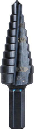 Klein Tools KTSB03 Step Drill Bit Double Fluted #3, 1/4 to 3/4-Inch with Easy-to-Read Markings and Targets, 3/8-Inch Hex Shank