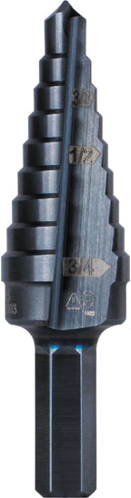 Klein Tools KTSB03 Step Drill Bit Double Fluted #3, 1/4 to 3/4-Inch with Easy-to-Read Markings and Targets, 3/8-Inch Hex Shank