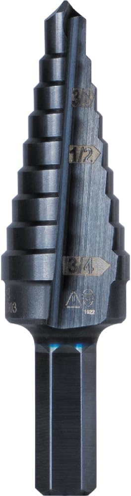 Klein Tools KTSB03 Step Drill Bit Double Fluted #3, 1/4 to 3/4-Inch with Easy-to-Read Markings and Targets, 3/8-Inch Hex Shank