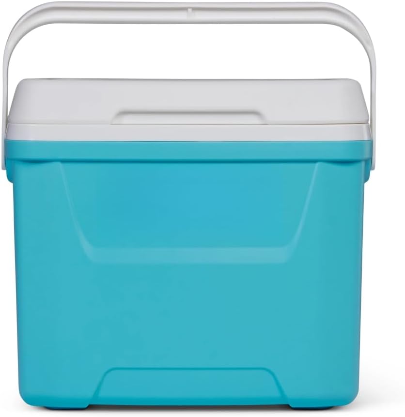 28 QT Hard-Sided Ice Chest Cooler, Aqua Blue & White Insulated Foam Cooler Box, 42 Cans Large Capacity with Swing-Up