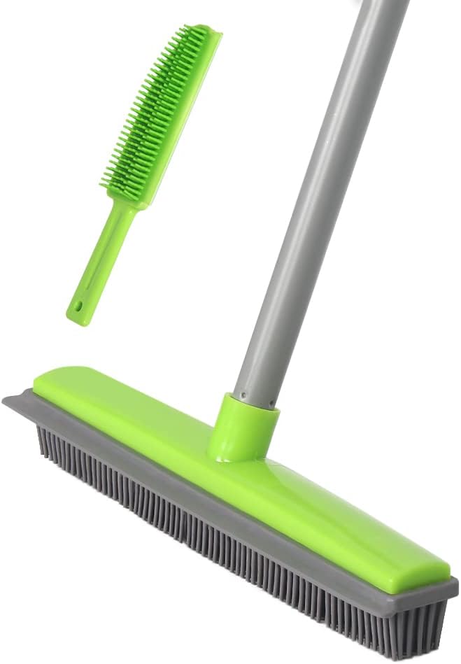 Rubber Broom and Pet Hair Removal Brush Set for Carpet, Fur Remover Broom with Squeegee for Wooden Floor, Detailing