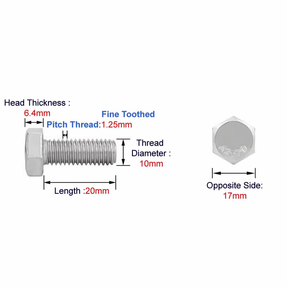 Junter 4pcs M10-1.25 x 20mm Fine Thread Metric A2-70 Hexagon Head Screws