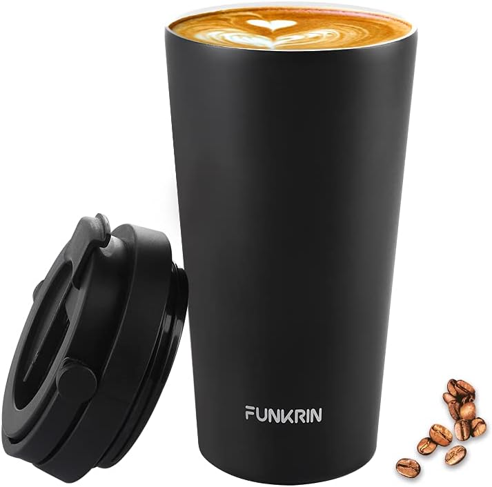 Insulated Coffee Mug with Ceramic Coating, 16oz Iced Coffee Tumbler Cup with Flip Lid and Handle, Double Wall Vacuum