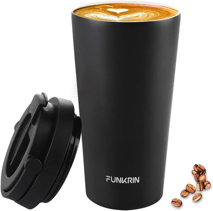 Insulated Coffee Mug with Ceramic Coating, 16oz Iced Coffee Tumbler Cup with Flip Lid and Handle, Double Wall Vacuum