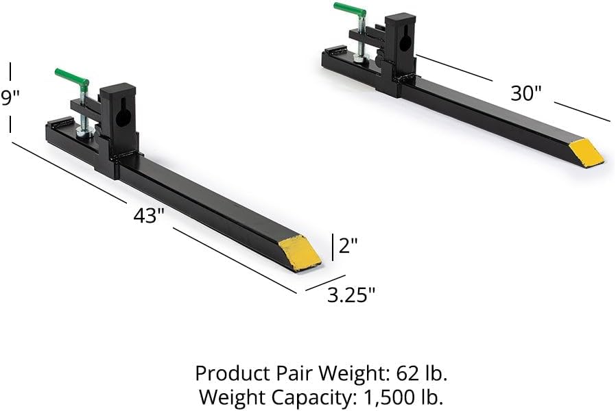Light-Duty 43" Clamp-On Pallet Forks, 30" x 3" Fork Length, Rated 1,500 LB, Easy to Install on Loader or Skid Steer