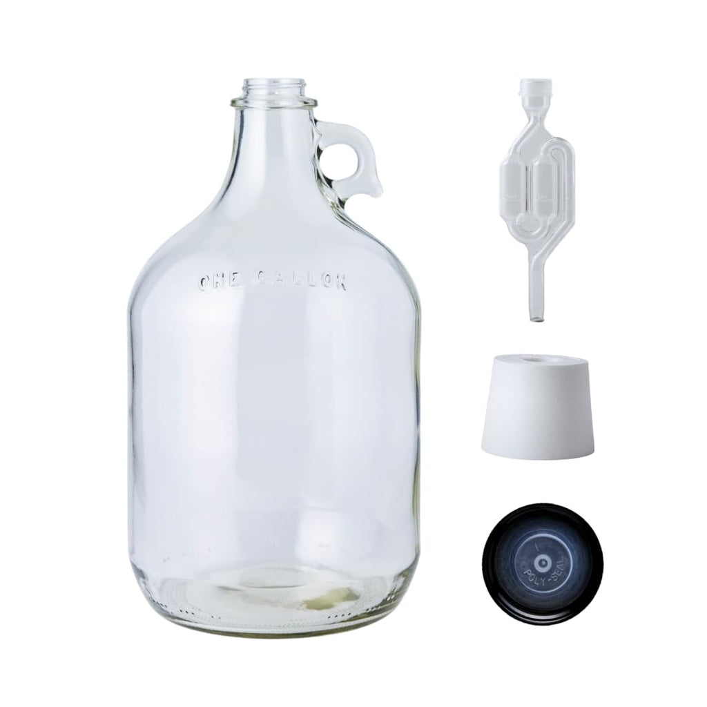 1 Gallon Glass Jug with Airlock, Black Polyseal Cap and #6.5 Rubber Bung | Clear Fermentation Jug for beer, wine