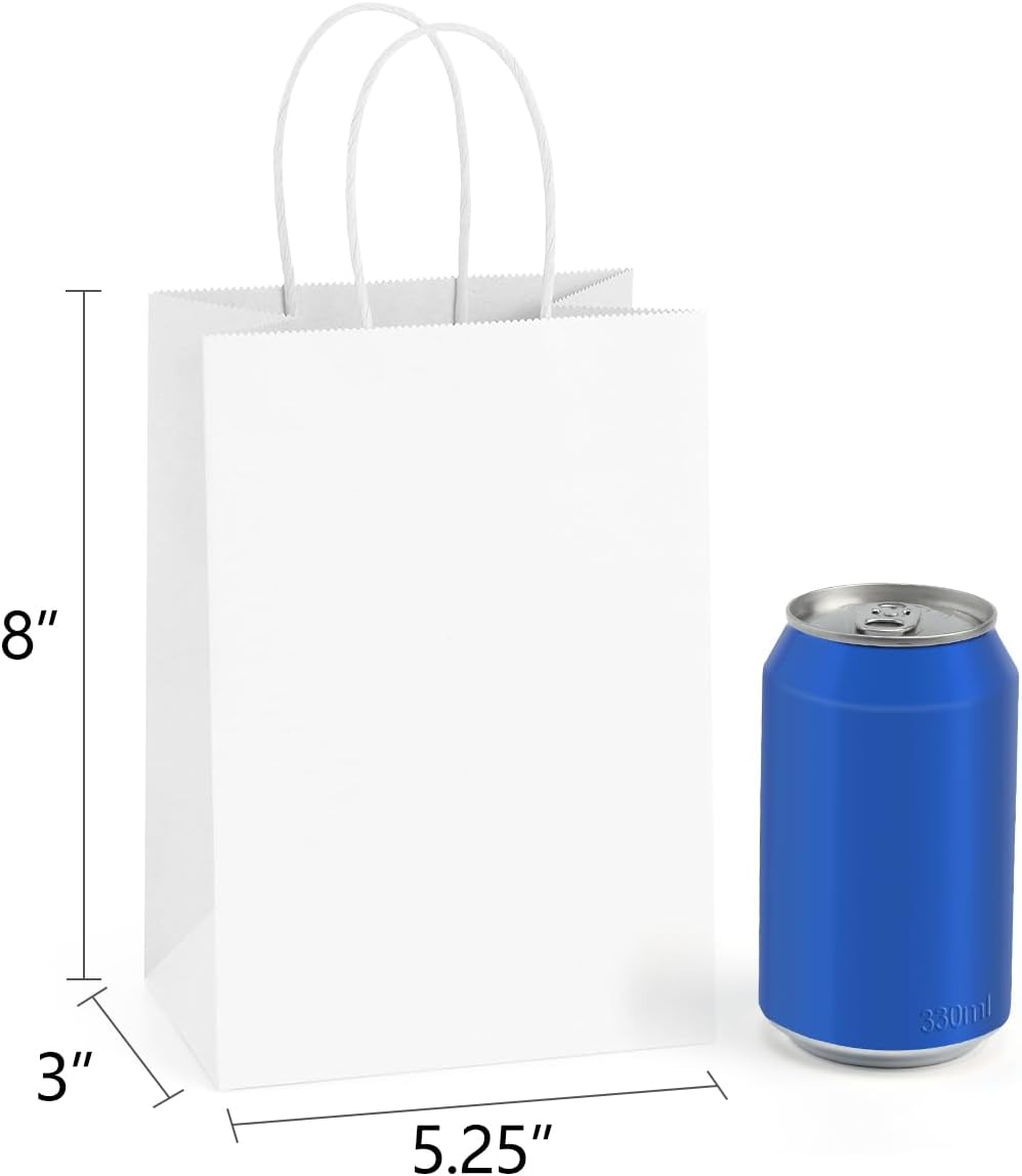 Gift Bags with Handles 5.25x3x8 Inch Small White 100 Pack Bulk