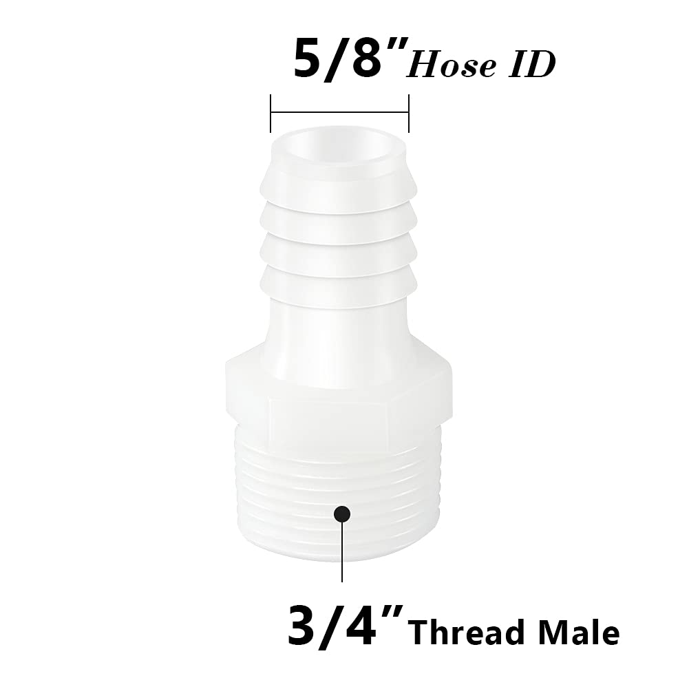 Quickun Plastic Hose Barb Fitting, 5/8" Barb to 3/4" Male Thread White Adapter Union Fitting (Pack of 5)